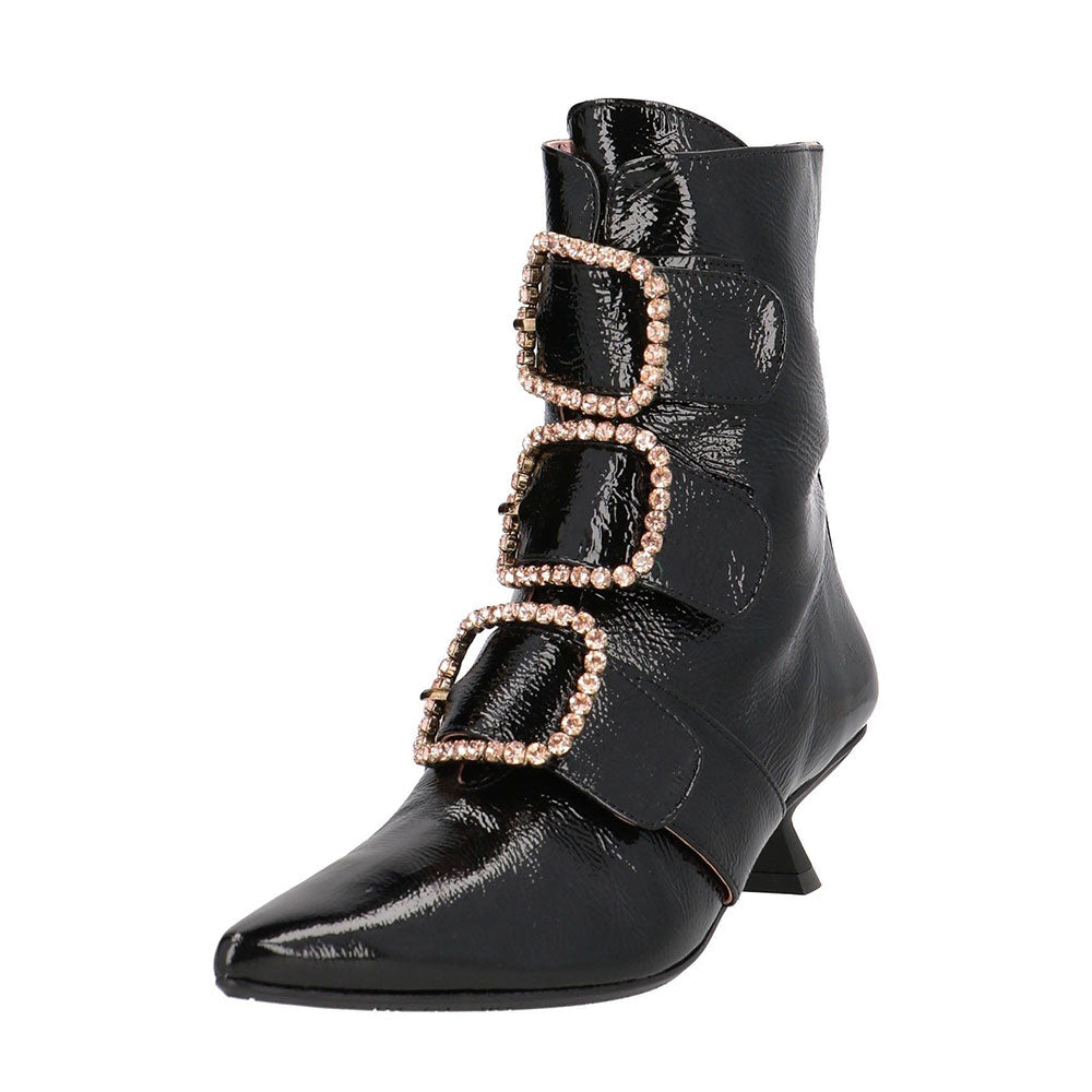 Black Spool Heel Pointed Toe Rhinestone Buckles Decor Ankle Boots