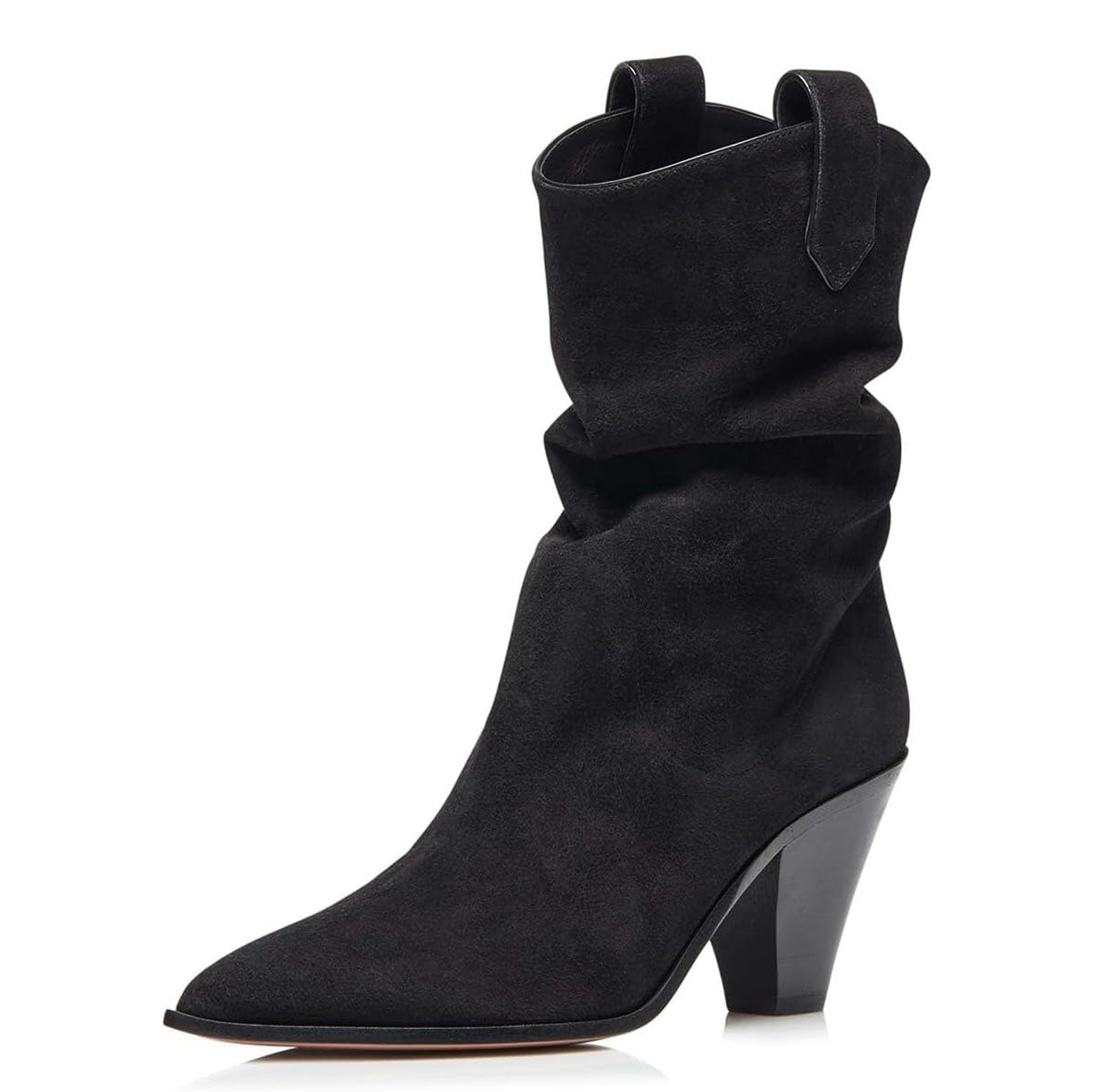 Black Vegan Suede Pointed Toe Cone Heel Pull Tab Mid Calf Boots