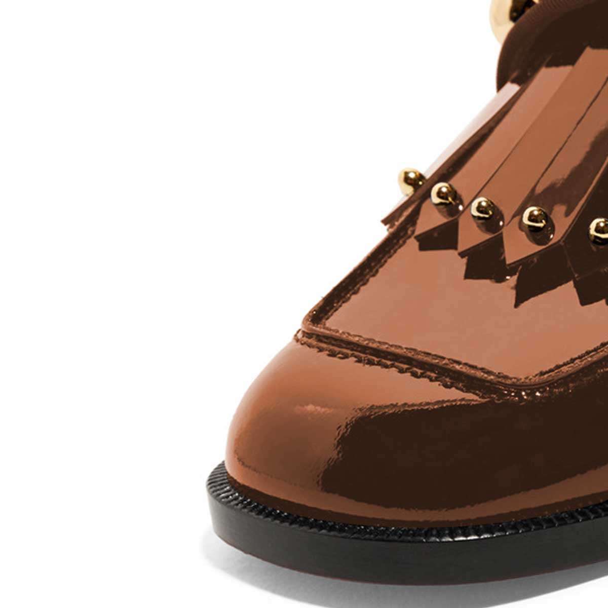 Brown Patent Leather Studded Fringe Chunky Heel Mule Loafers