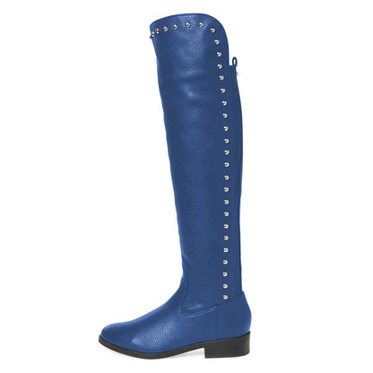 Blue Round Toe Zipper Low Heel Knee High Boots with Stud Decor