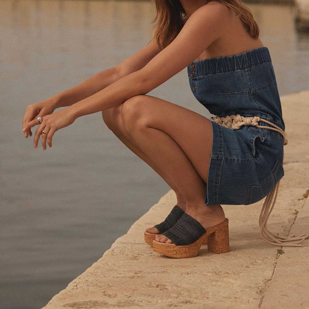 Black Woven Open Square Toe Block Heel Slip-On Platform Mules Shoes