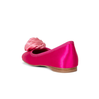 Satin Square Toe Rose Embellishment Ballet Flats in Hot Pink