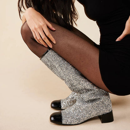 Silver & Black Glitter Round Toe Block Heel Knee High Boots