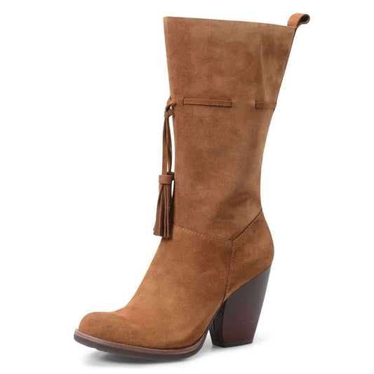 Brown Closed Toe Tasseled Tie Front Chunky Heel Women's Mid Calf Boots