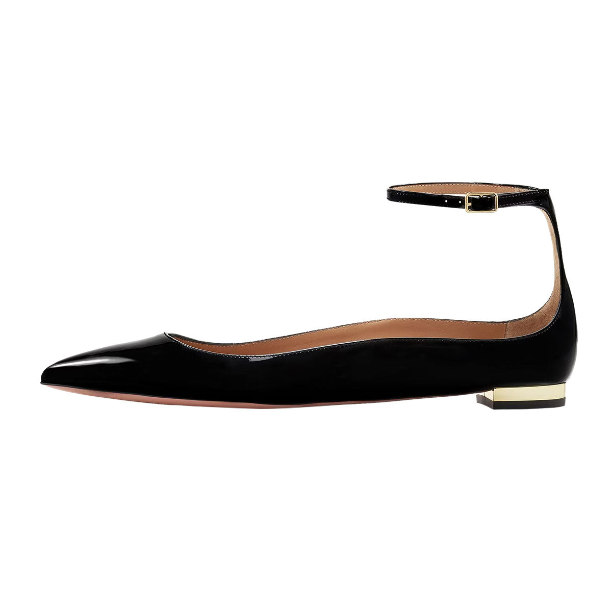 Classy Black Patent Leather Buckle Ankle Strap Pointed Toe Flats