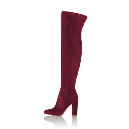 Women's Vegan Suede Closed Toe Over The Knee Boots with Block Heels