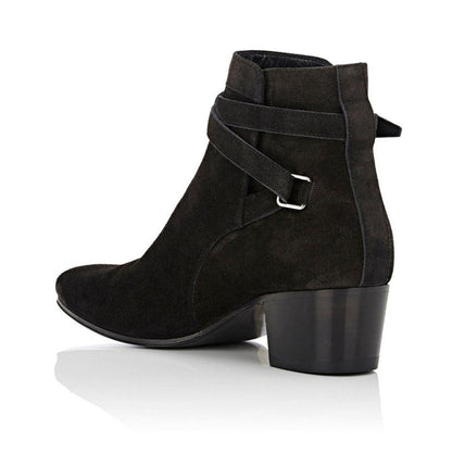 Women's Vegan Suede Closed-Toe Buckle Strap Chunky Heel Ankle Boots