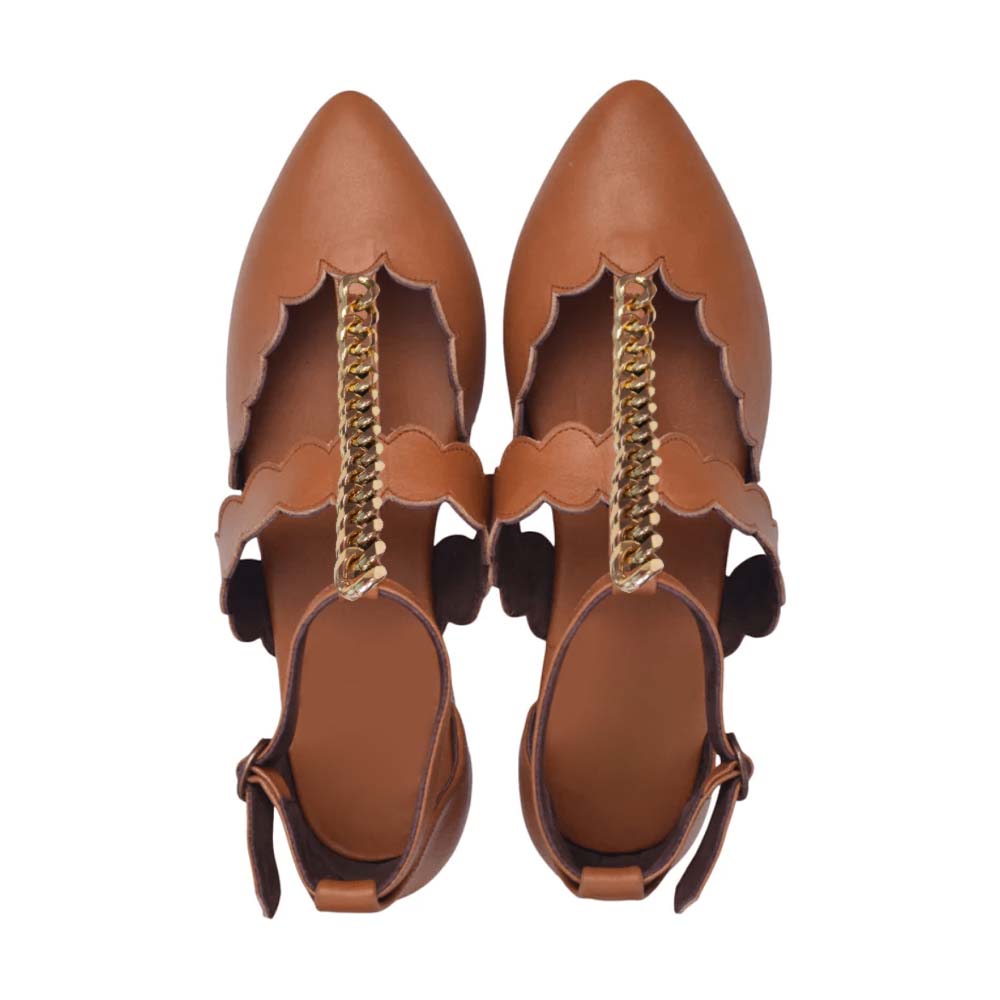 Brown Pointed Toe  Flats With Chain Decor Ankle Strap Flats