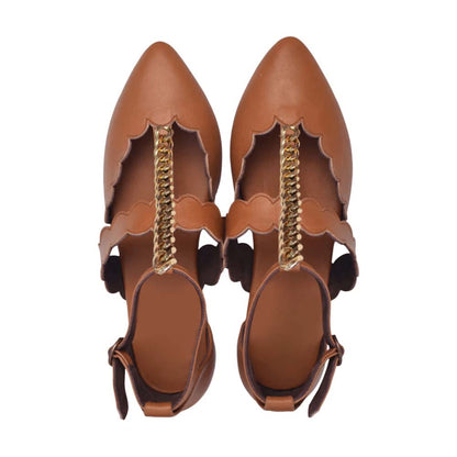 Brown Pointed Toe  Flats With Chain Decor Ankle Strap Flats