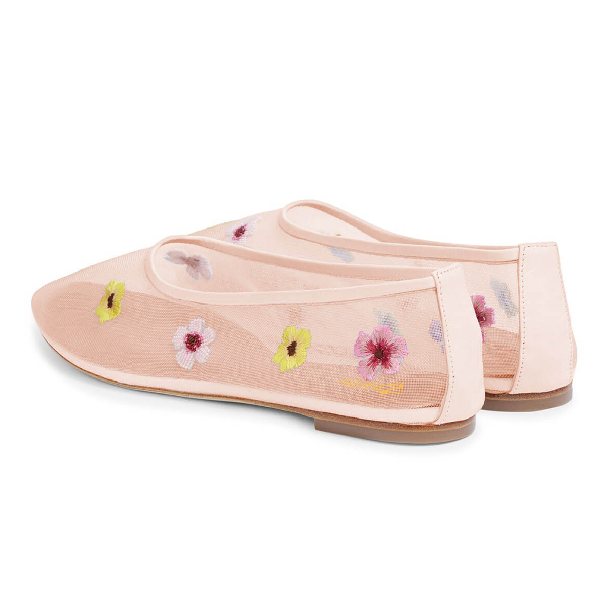 Women's Pink Round Toe Slip-On Floral Embroidered Mesh Flats