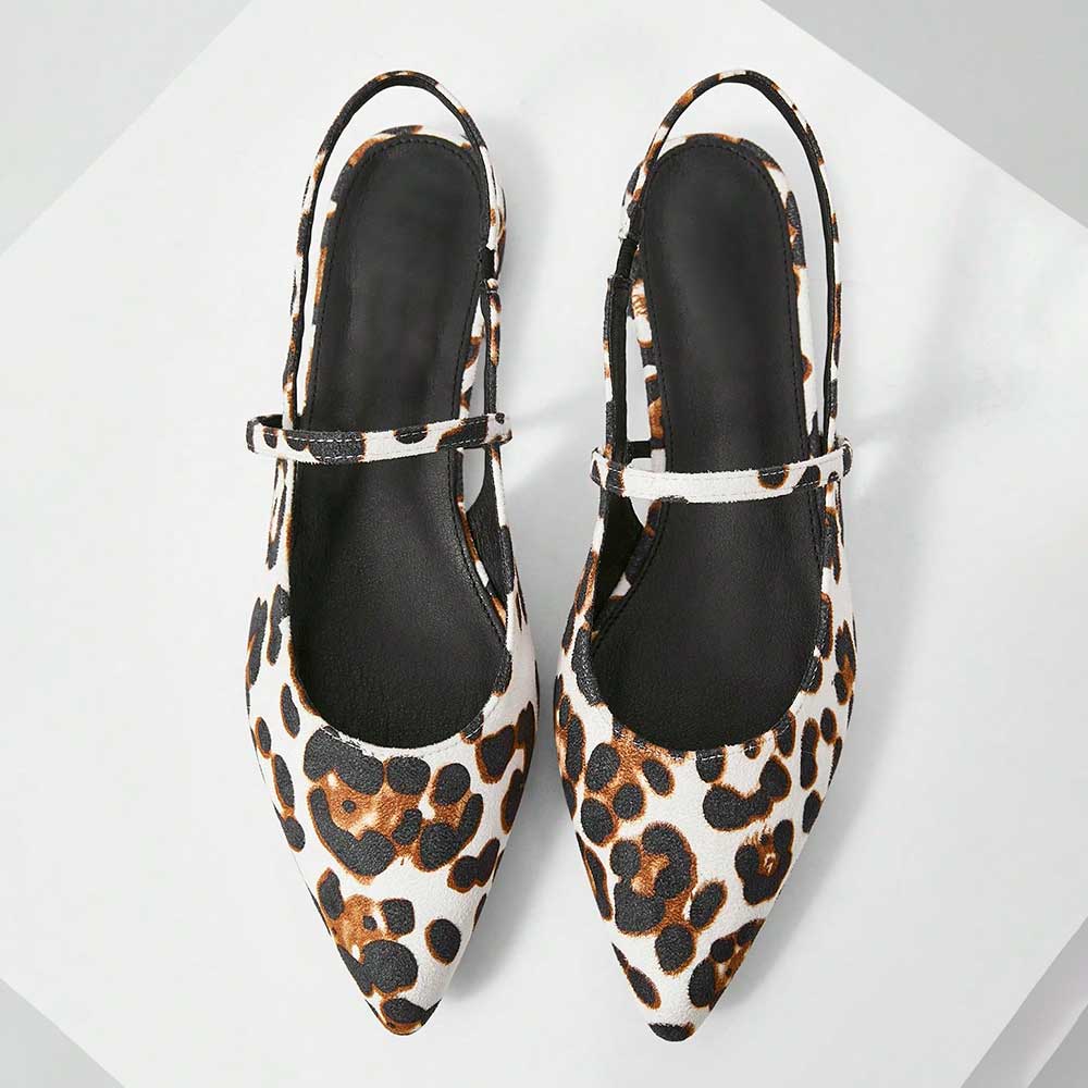 White & Brown Vegan Suede Leopard Print Pointy Toe Slingback Flats