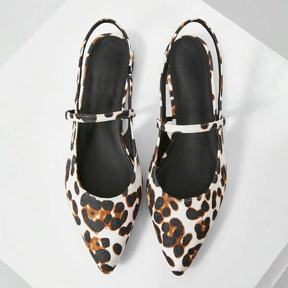 White & Brown Vegan Suede Leopard Print Pointy Toe Slingback Flats