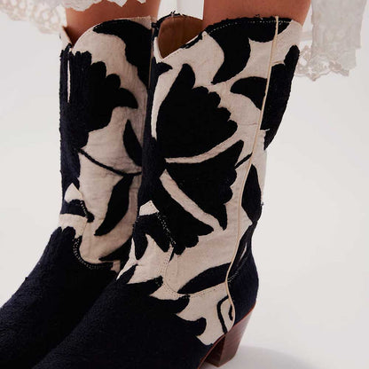 Black & Ivory Almond Toe Chunky Heel Plant Printed Mid Calf Boots