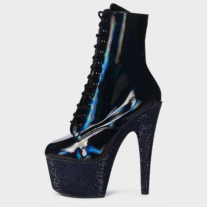 Black Rhinestone Platform Booties Lace Up Stiletto Heel Ankle Boots