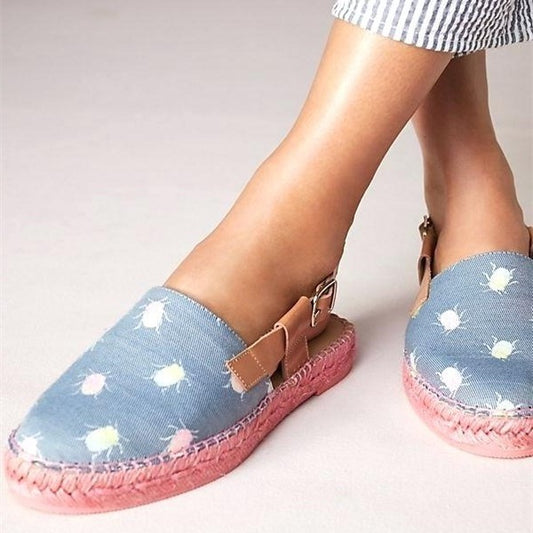 Light Blue Printed Fabric Round Toe Buckle Slingback Espadrille Flats