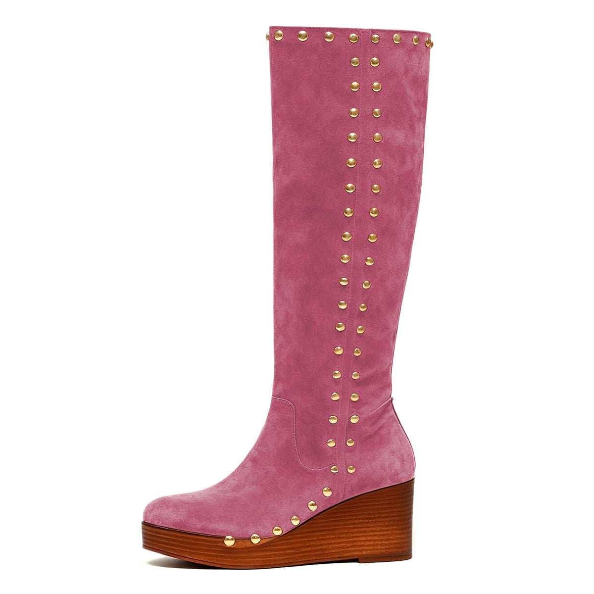 Pink Vegan Suede Studded Platform Wedge Heel Knee High Boots