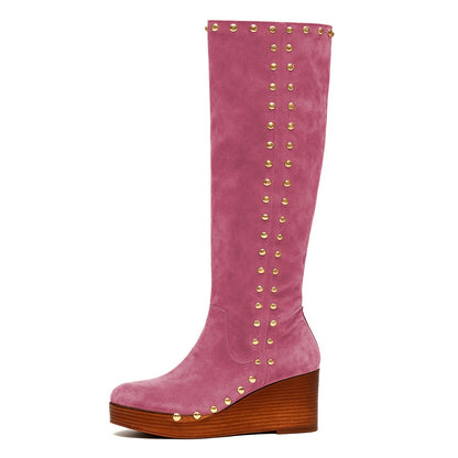 Pink Vegan Suede Studded Platform Wedge Heel Knee High Boots