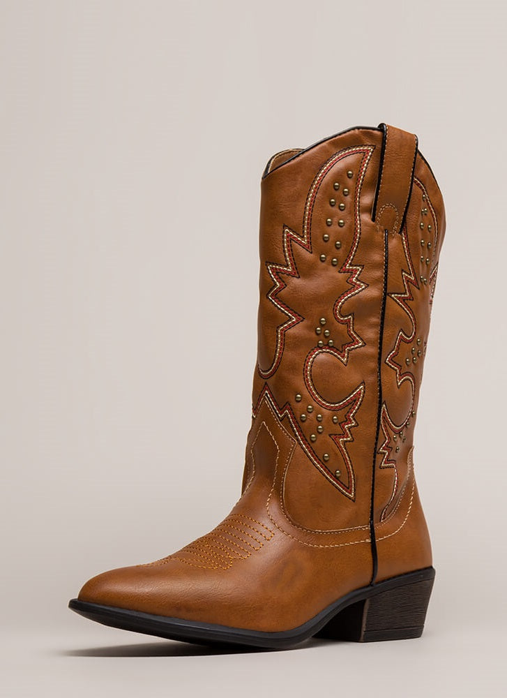 Brown Cowgirl Boots Studs Low Heel Mid Calf Boots