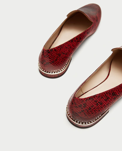 Burgundy Python Loafers for Women Round Toe Flats with Rhinestone