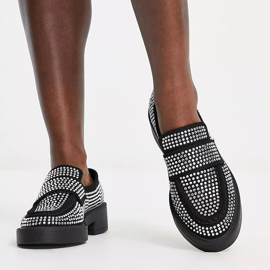 Black Round Toe Rhinestone Shoes Slip-on Chunky Loafers for Women