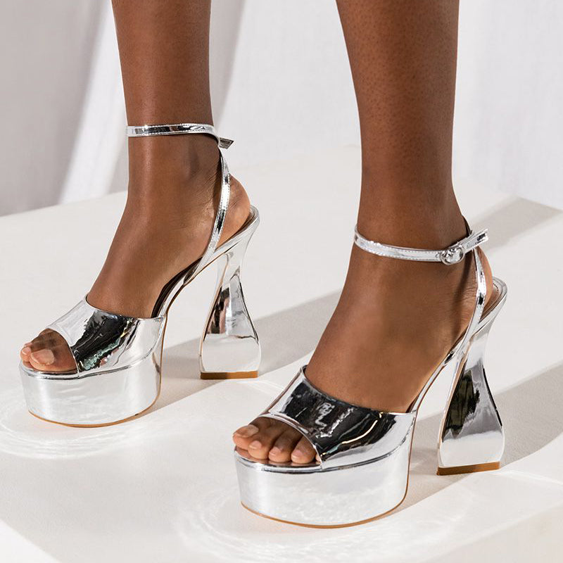 Silver Open Toe Patent Shoes Ankle Strap Platform Heel Evening Sandals