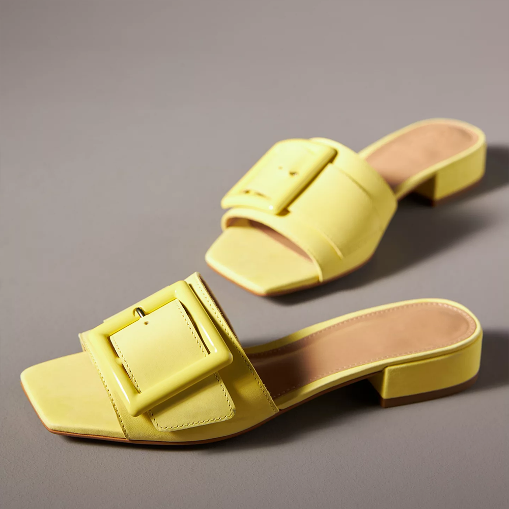 Yellow Square Toe Chunky Heel Buckled Wide Band Mules