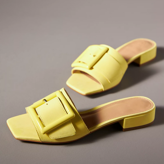 Yellow Square Toe Chunky Heel Buckled Wide Band Mules