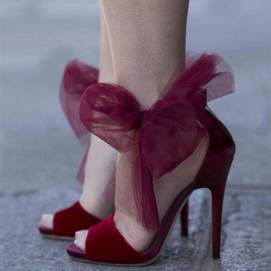 Burgundy Velvet Peep Toe Ankle Strap Heeled Sandals with Tulle Bow