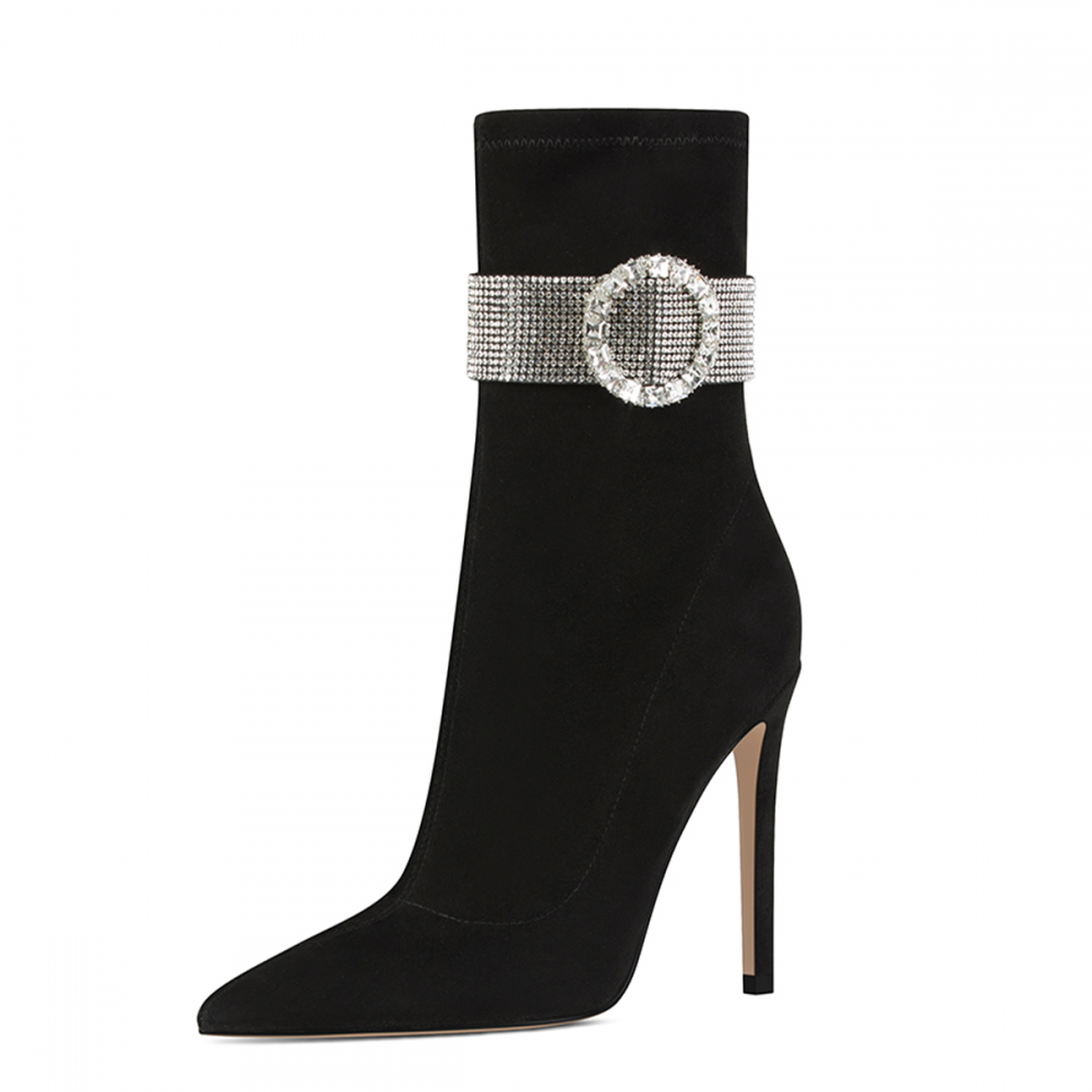 Women's Black Vegan Suede Stiletto Heel Rhinestone Buckle Ankle Boots