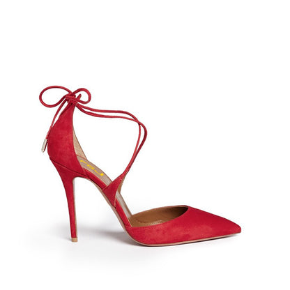 Red Pointed Toe Crisscross Straps Rear Lace Up Pumps Heels for Women