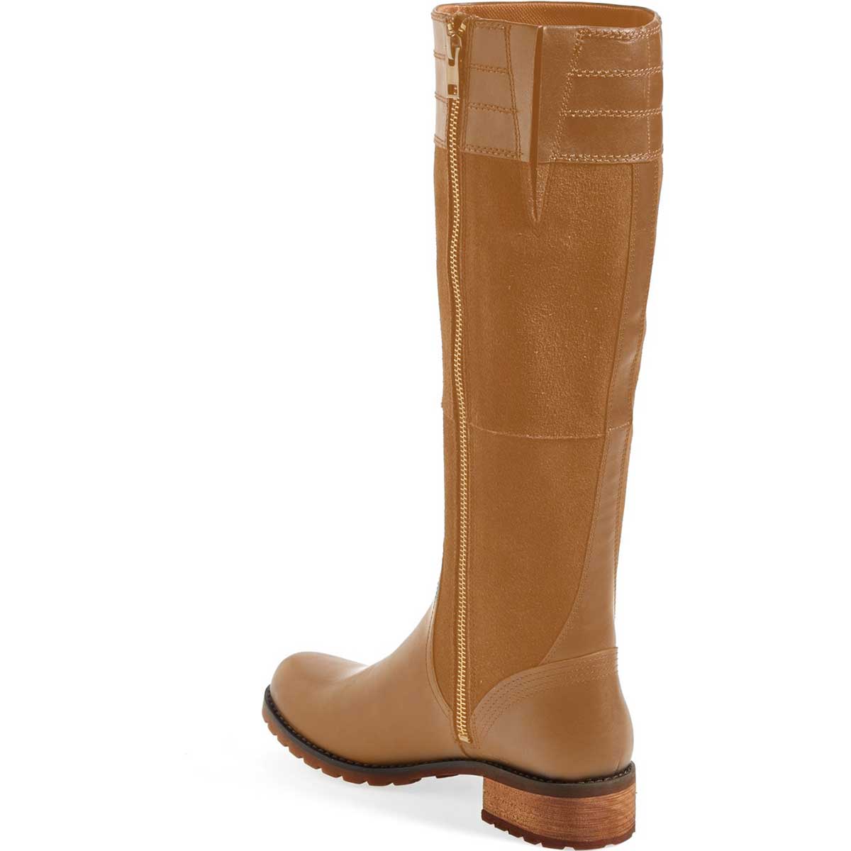 Tan Round Toe Low Chunky Heel Patchwork Design Knee High Boots