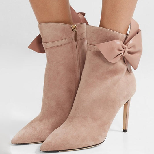 Beige Faux Suede Closed Toe 3'' Stiletto Heel Ankle Boots with Bow