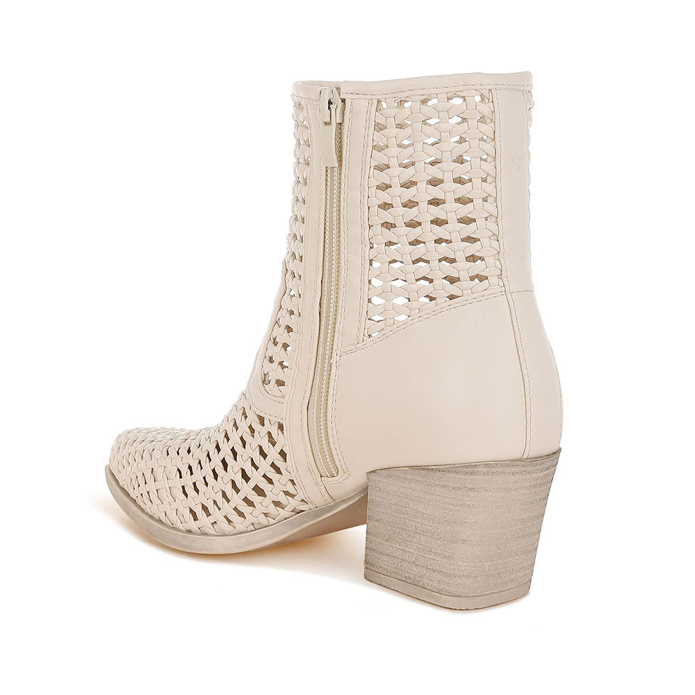 Beige Woven Pointed Toe Block Heel Zipper Ankle Boots for Women