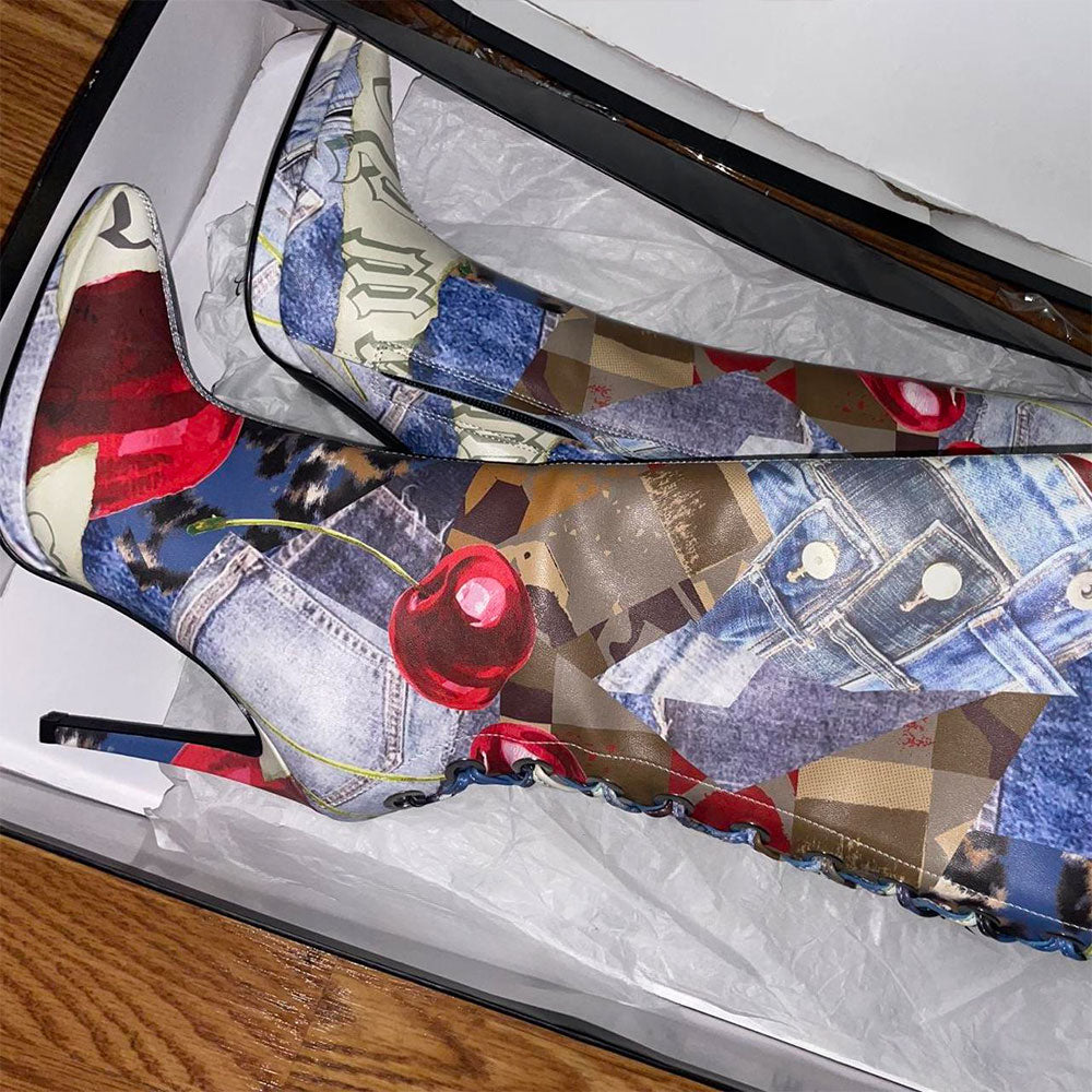 Multicolor Printing Pointed Toe Back Lace-Up Knee High Boots