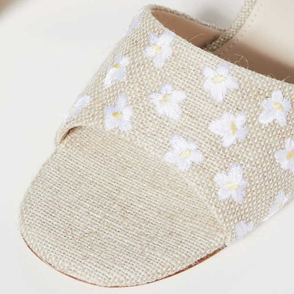 Beige Burlap Open Toe Daisy Embroidered Block Heel Mules Shoes