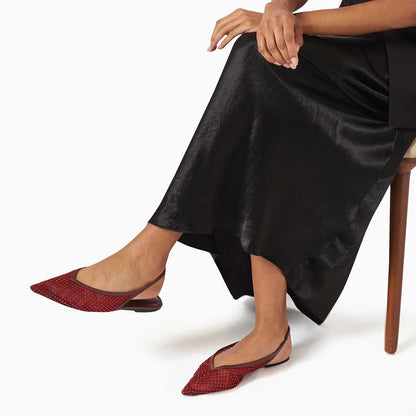 Maroon & Red Pointed Toe Rhinestone Mesh Flats with Slingback Strap