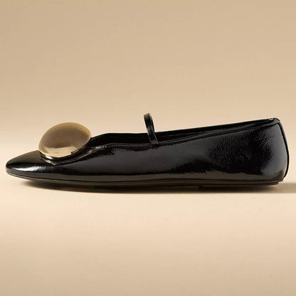 FSJ Comfortable Black Round Toe Gold Oval Ornament Ballet Flats