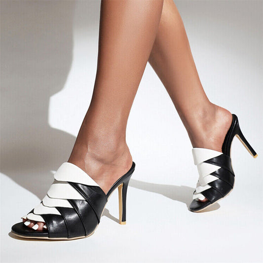 Black & White Peep Toe Heels Vintage Folded Vamp Mules for Women