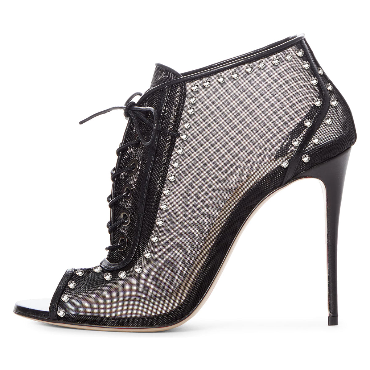 Black Lace Up Nets Peep Toe Stiletto Heel Ankle Boots