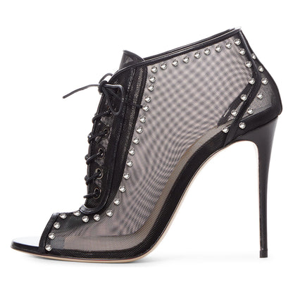 Black Lace Up Nets Peep Toe Stiletto Heel Ankle Boots