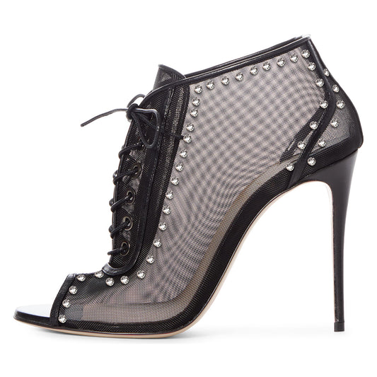 Black Lace Up Nets Peep Toe Stiletto Heel Ankle Boots