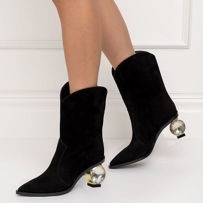 Black Faux Suede Closed Toe Decorative Heel Ankle Boots