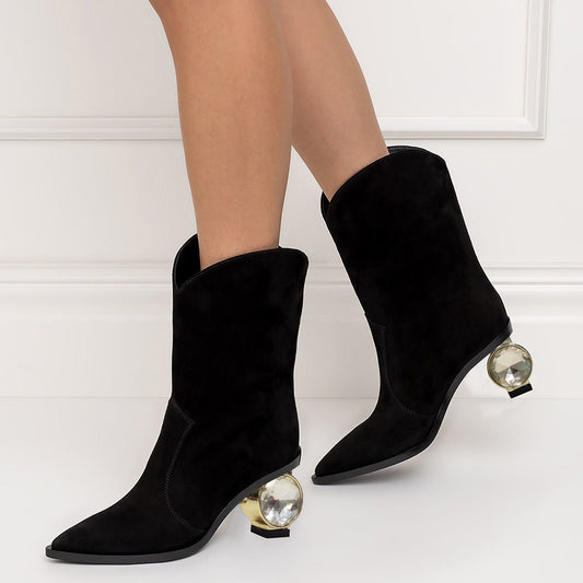 Black Faux Suede Closed Toe Decorative Heel Ankle Boots