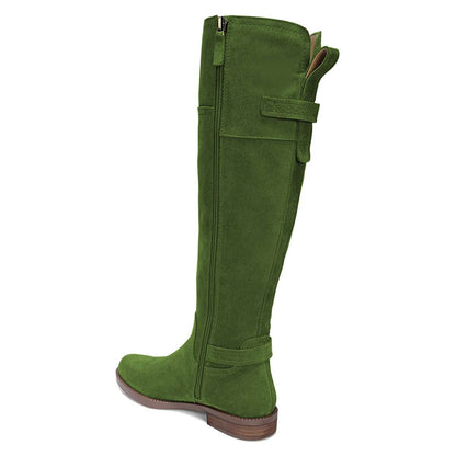 Green Vegan Suede Zipper Round Toe Flat Knee High Boots