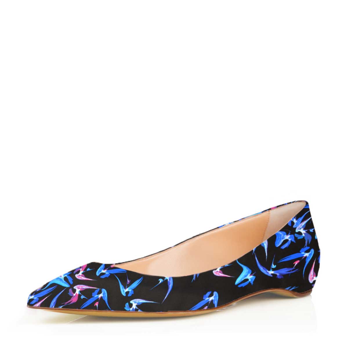 FSJ Women's Black Pointed Toe Flats with Blue Floral Print