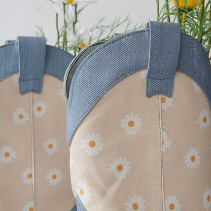 Blue & Nude Denim Pointed Toe Daisy Mid Calf Boots with Chunky Heels