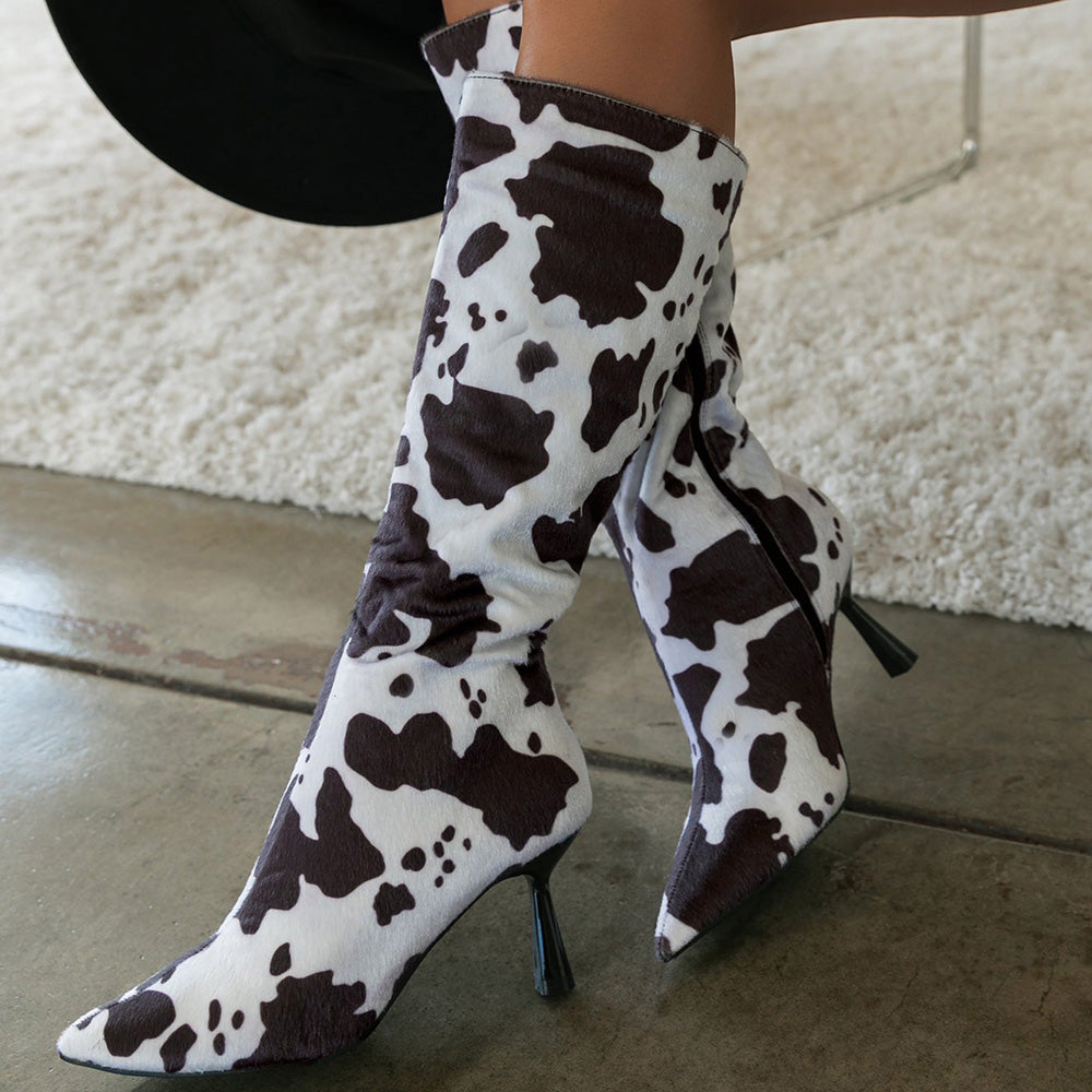 Women's Pointed Toe Cow Print Side Zipper Flared Heel Mid Calf Boots