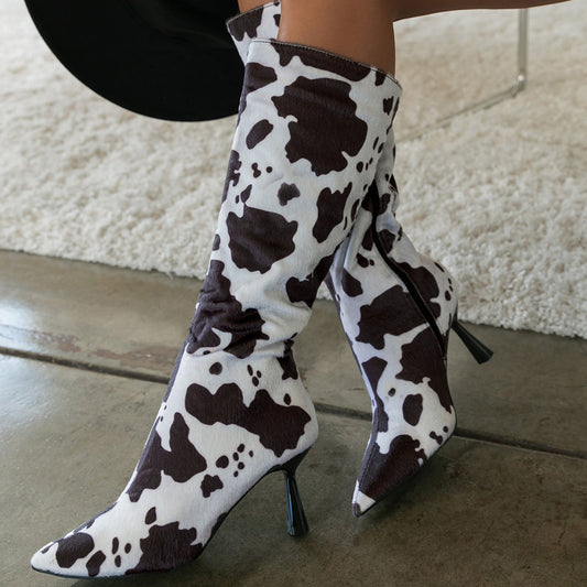 Women's Pointed Toe Cow Print Side Zipper Flared Heel Mid Calf Boots