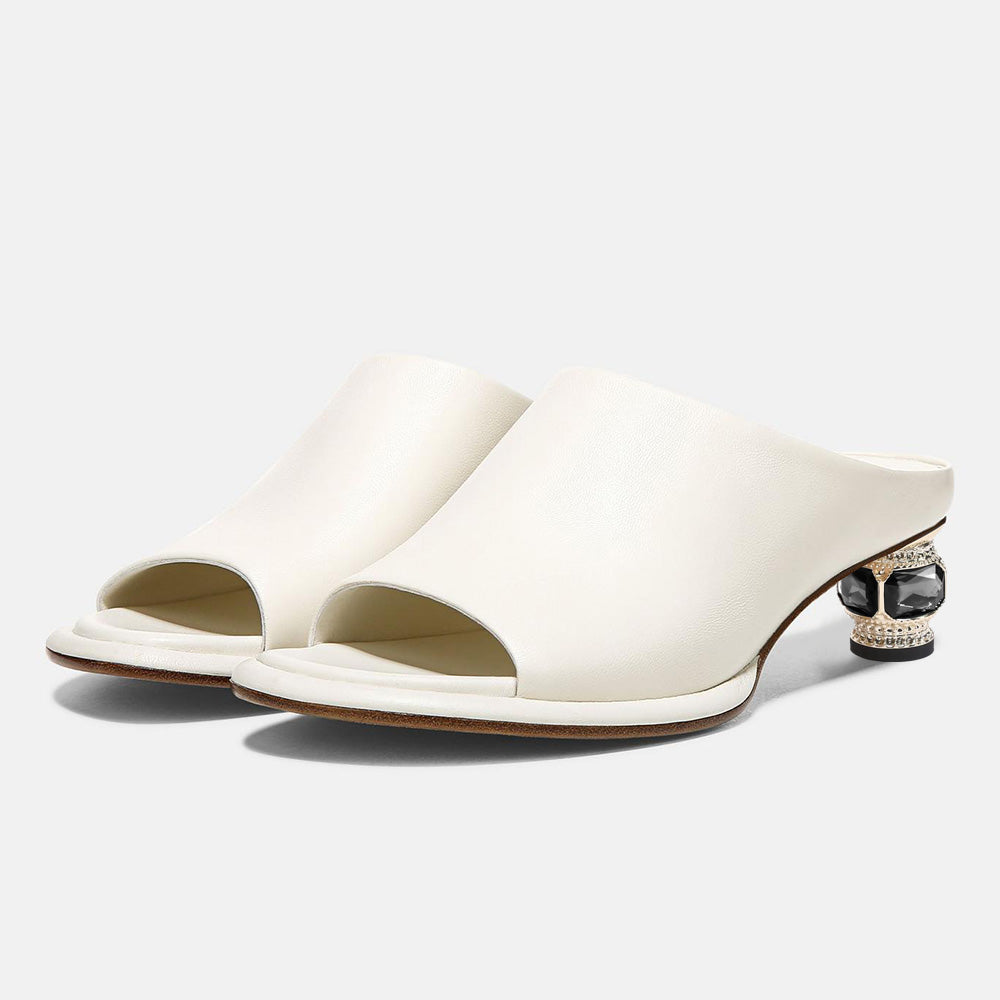 White Vegan Leather Peep Toe Decorative Heel Mules