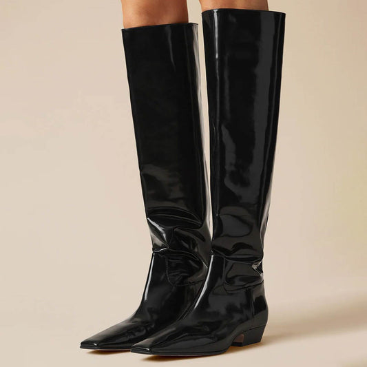 Patent Leather Square Toe Chunky Heel Knee High Boots in Black